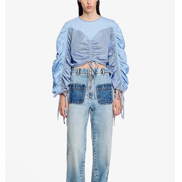 Sandro Tops - NWT SANDRO Formidable Blue Ruched Stripe Mixed Media Crop Top size 3/large